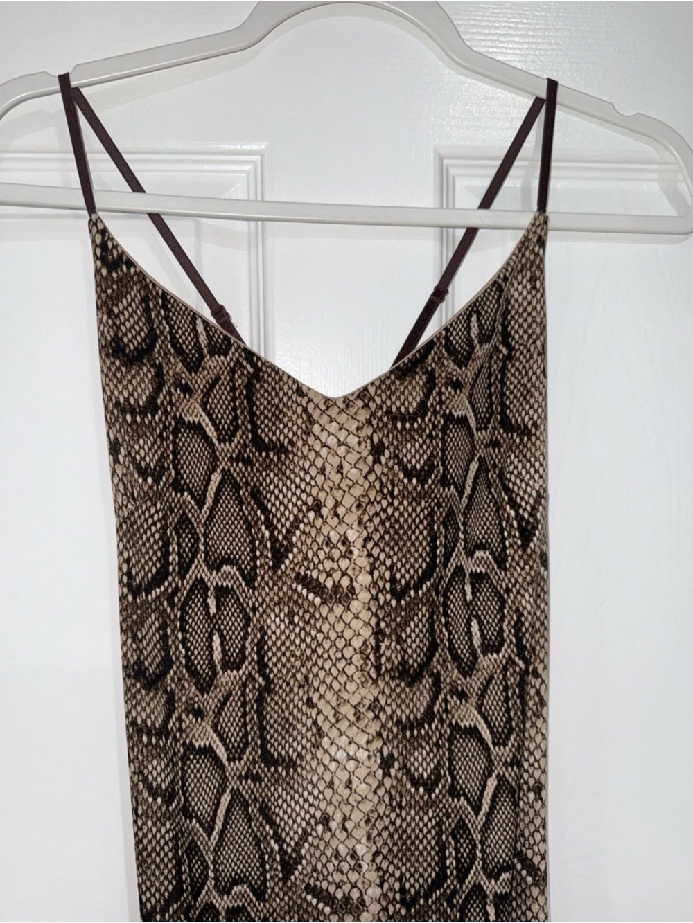 7DAY WKND Women's L Maxi Slip Dress Side Slit Ruching Brown Multi Snake Print